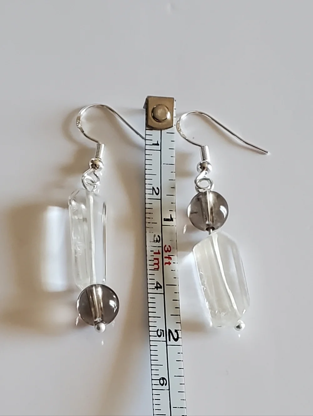 2 Pairs Sterling Silver 925 Clear Crystal & Smoky Quarts Gemstones Drop Earrings - Picture 5 of 8